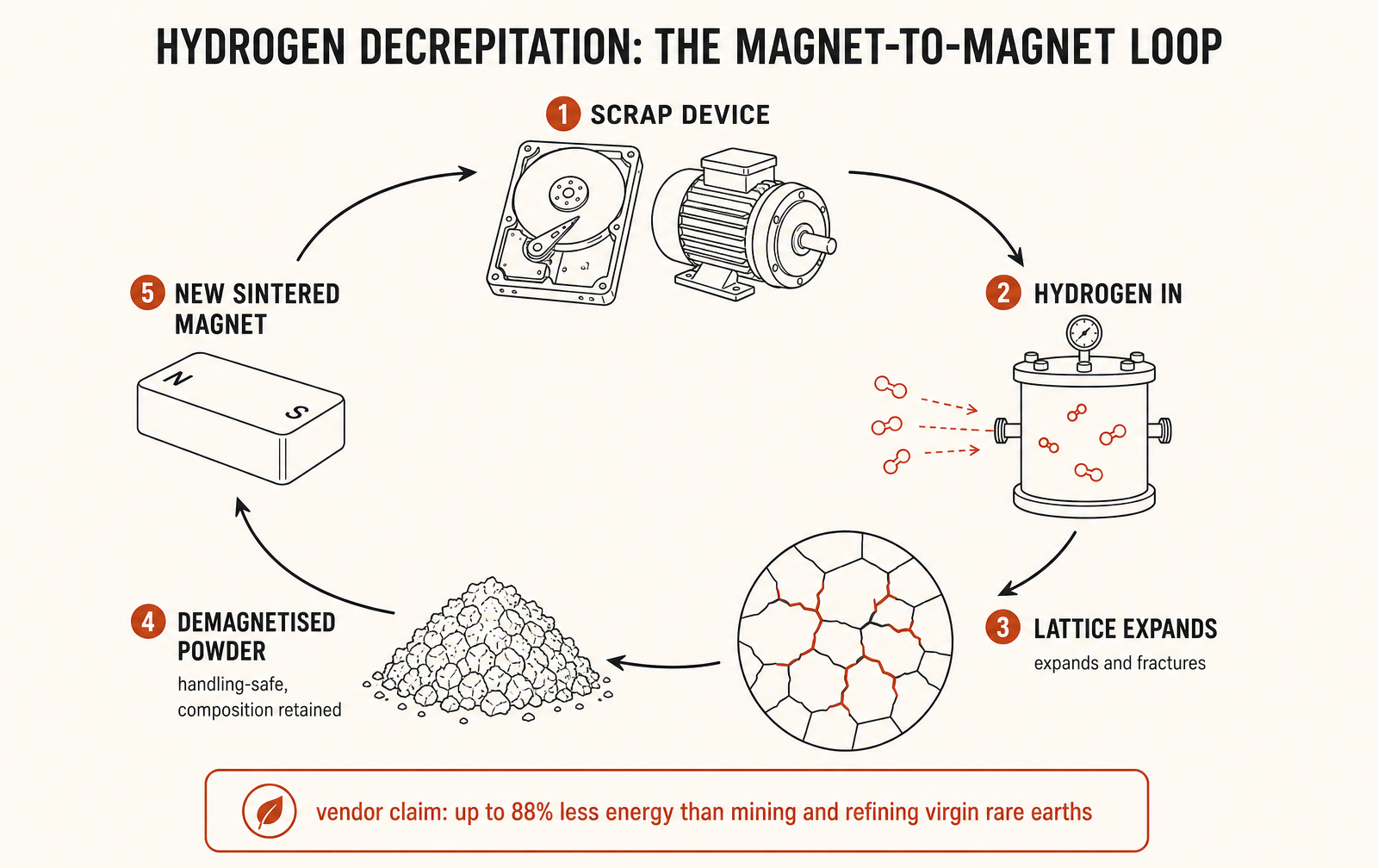 Hydrogen decrepitation, end to end: scrap device in, sintered magnet out.
