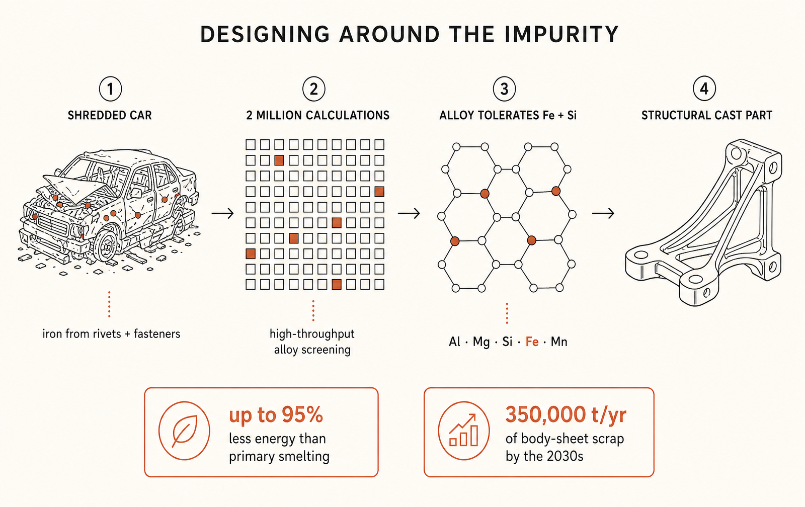 The design logic: accept the contamination, then search chemistry space for an alloy that still meets structural spec.