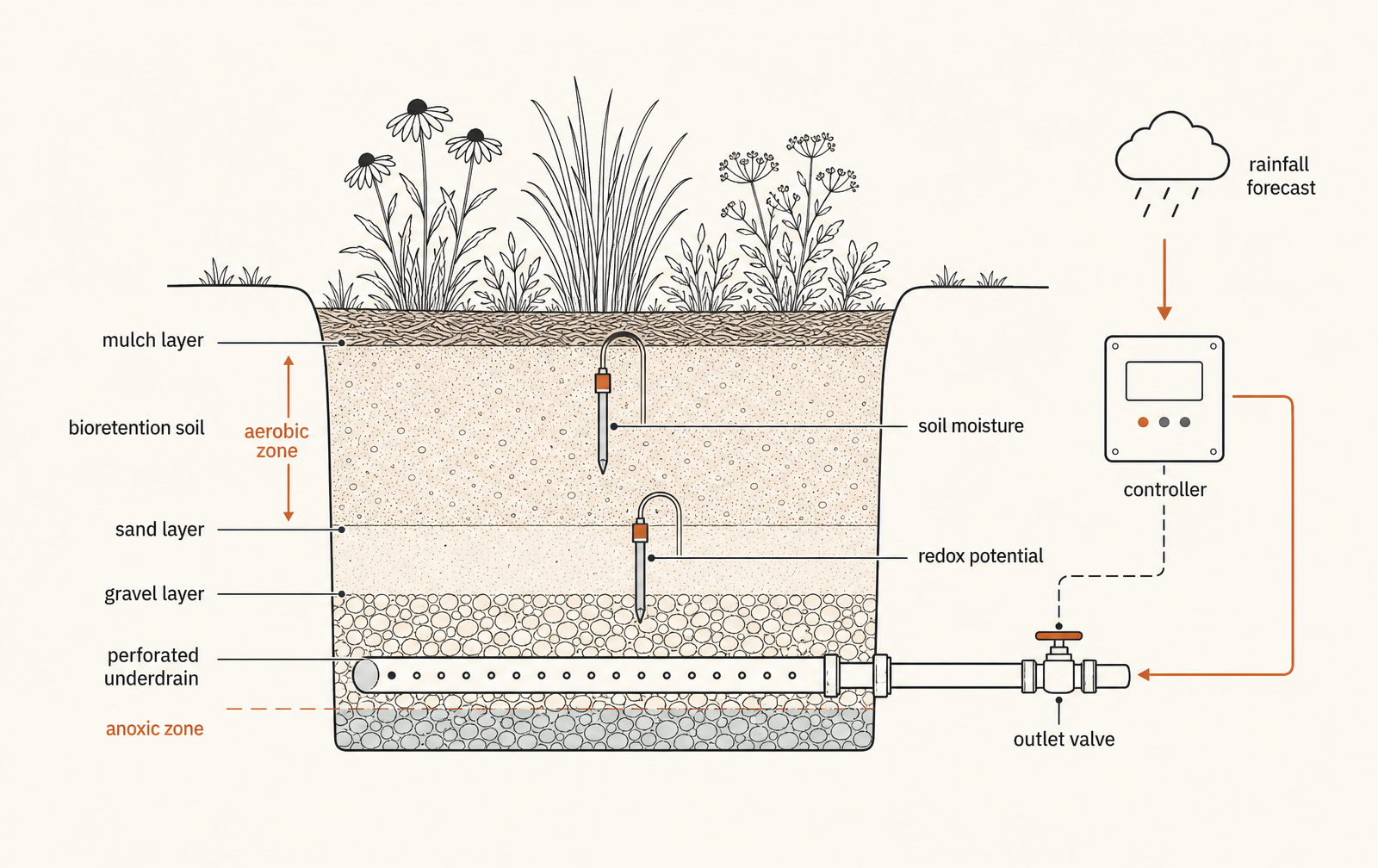Sensors read moisture and redox inside the profile; the controller uses a forecast to decide whether the outlet valve holds water or releases it ahead of a storm.
