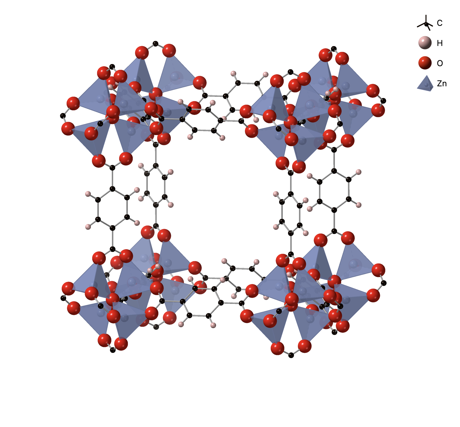 MOF-5, one of the canonical frameworks. The empty volume is the point — internal surface area is where adsorption happens.