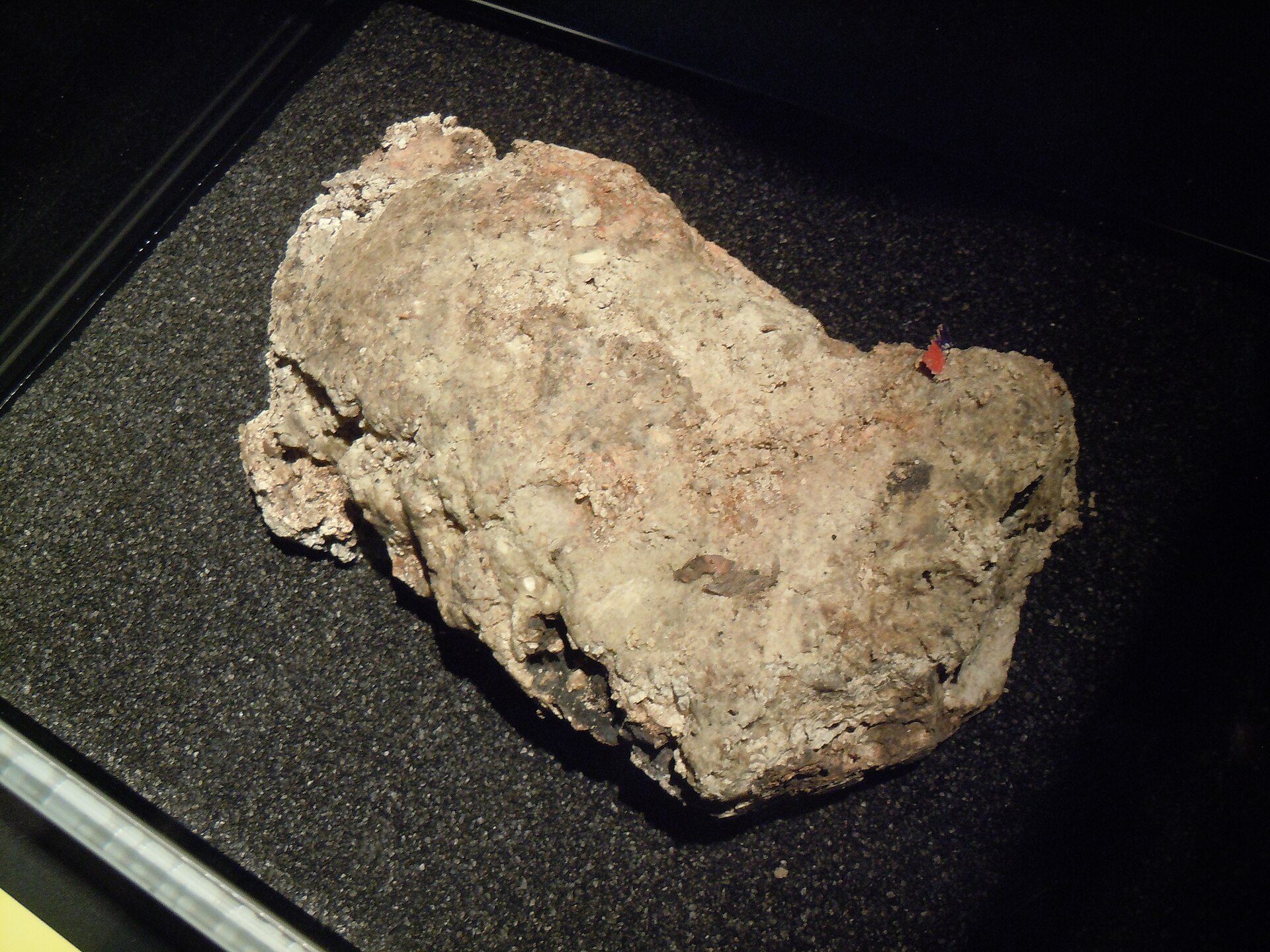 A preserved section of London sewer fatberg, on display at the Museum of London. Fibre plus fat, at scale.