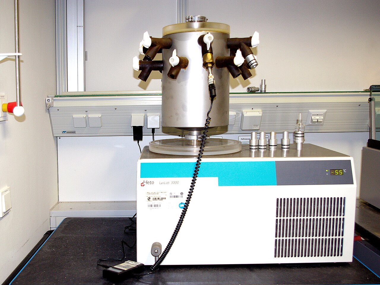 A benchtop freeze-drier. The technique is routine in labs; the energy and cycle time are what make scale-up a real question.
