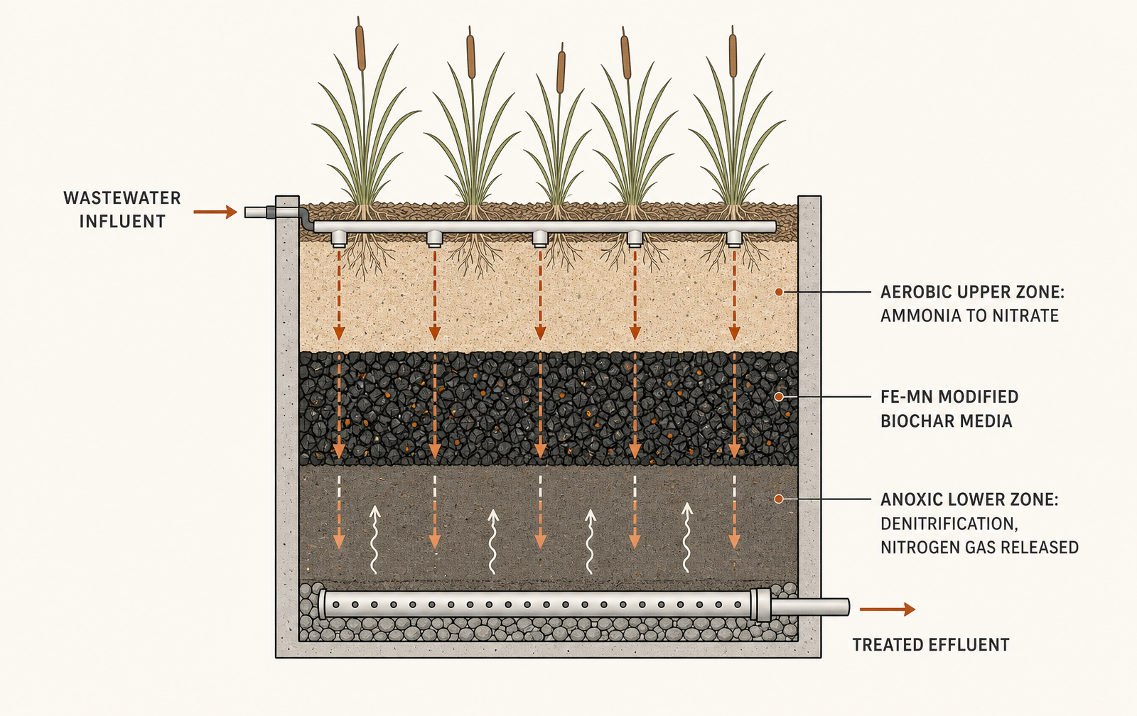 Vertical flow: oxygenated at the top, oxygen-poor at the bottom, and the media choice sits in between.