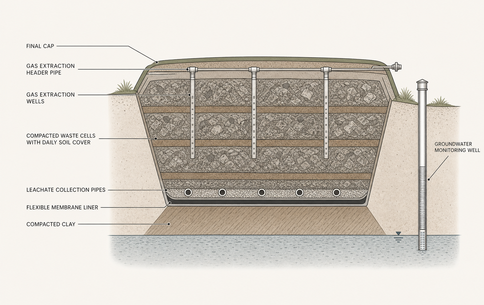 Compacted clay, membrane, leachate pipes, waste cells with daily cover, gas wells, final cap, and a monitoring well outside the footprint.