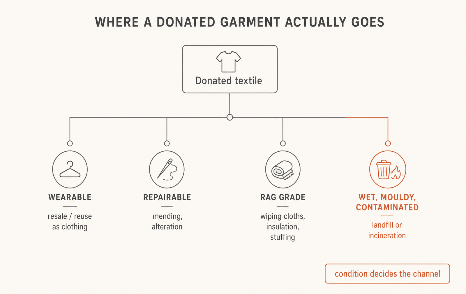 Four exits from one intake. Condition decides which one a garment takes.