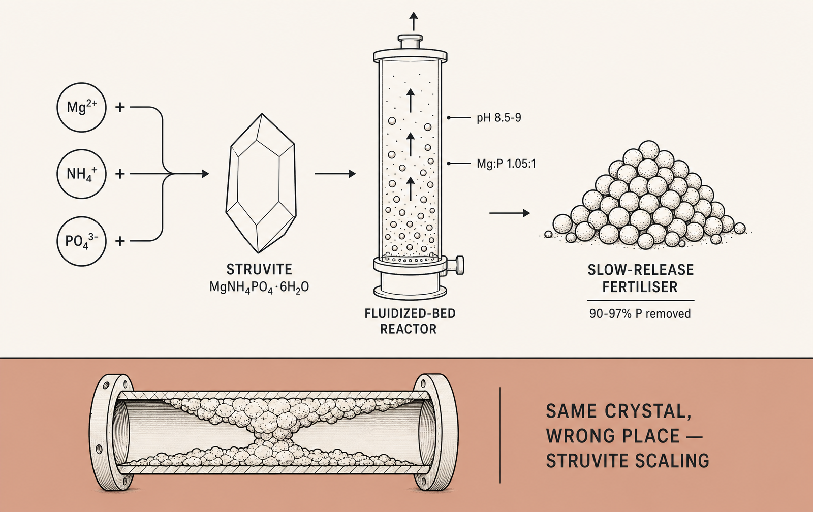 Three ions in, a saleable pellet out — and the same crystal growing where nobody wants it.