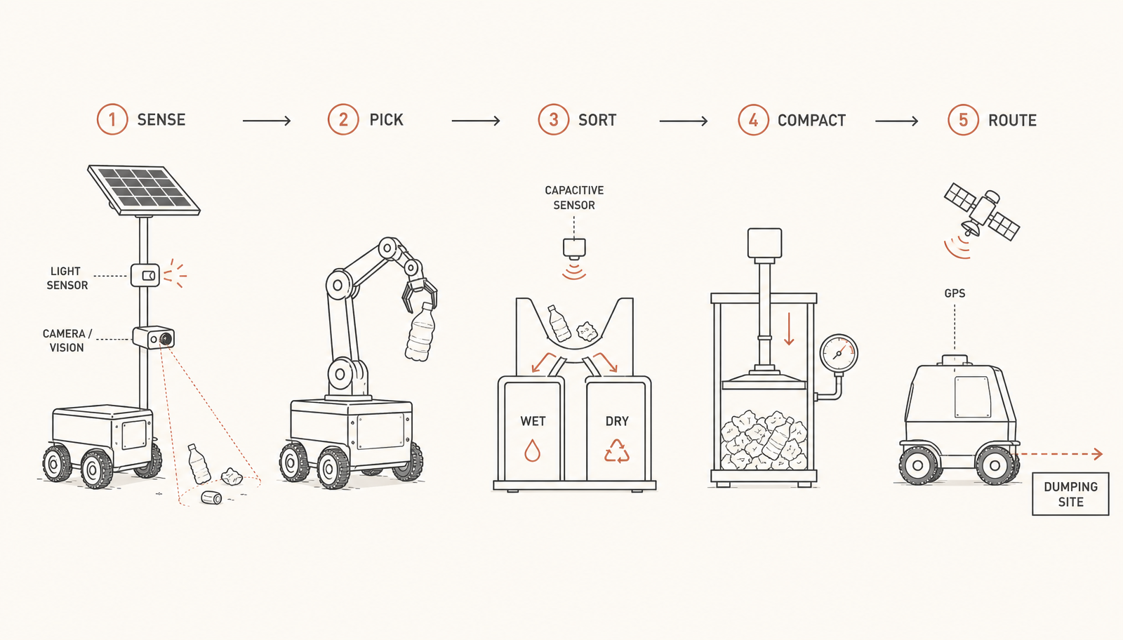 The five stages the patent describes, and the sensor that governs each one.