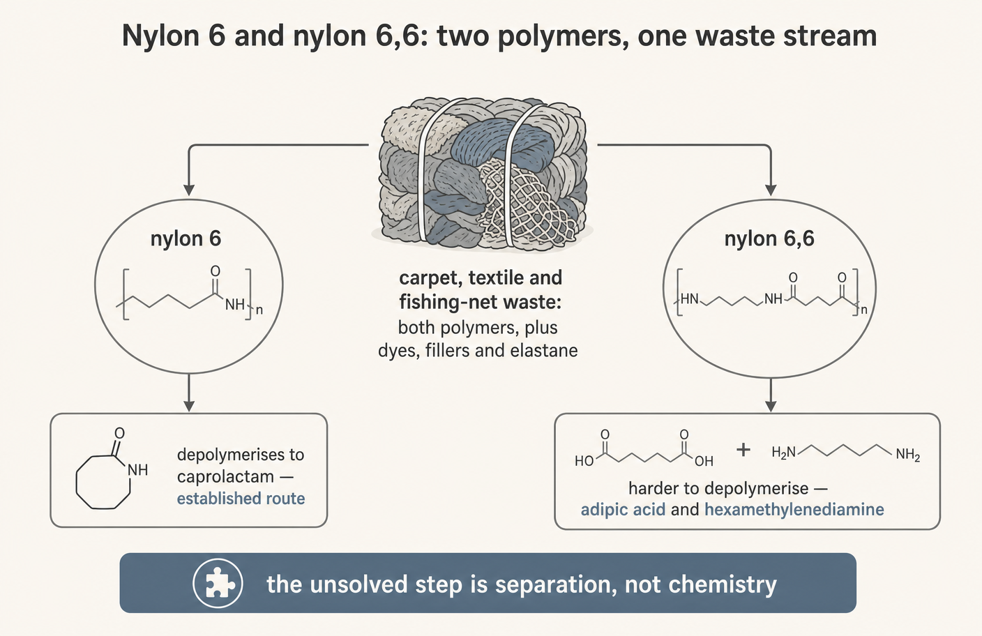 Nylon production against the fraction that arrives as recoverable single-polymer waste.