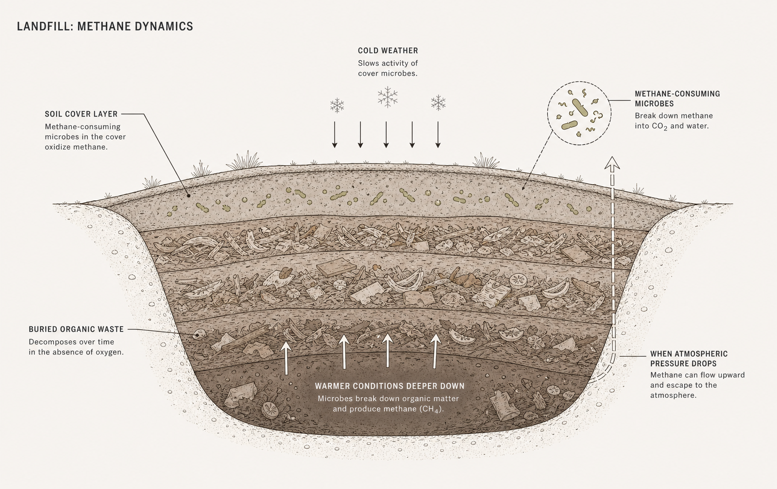 Cold slows the microbes in the cover. The warmer waste below keeps producing. The filter weakens while the source does not.