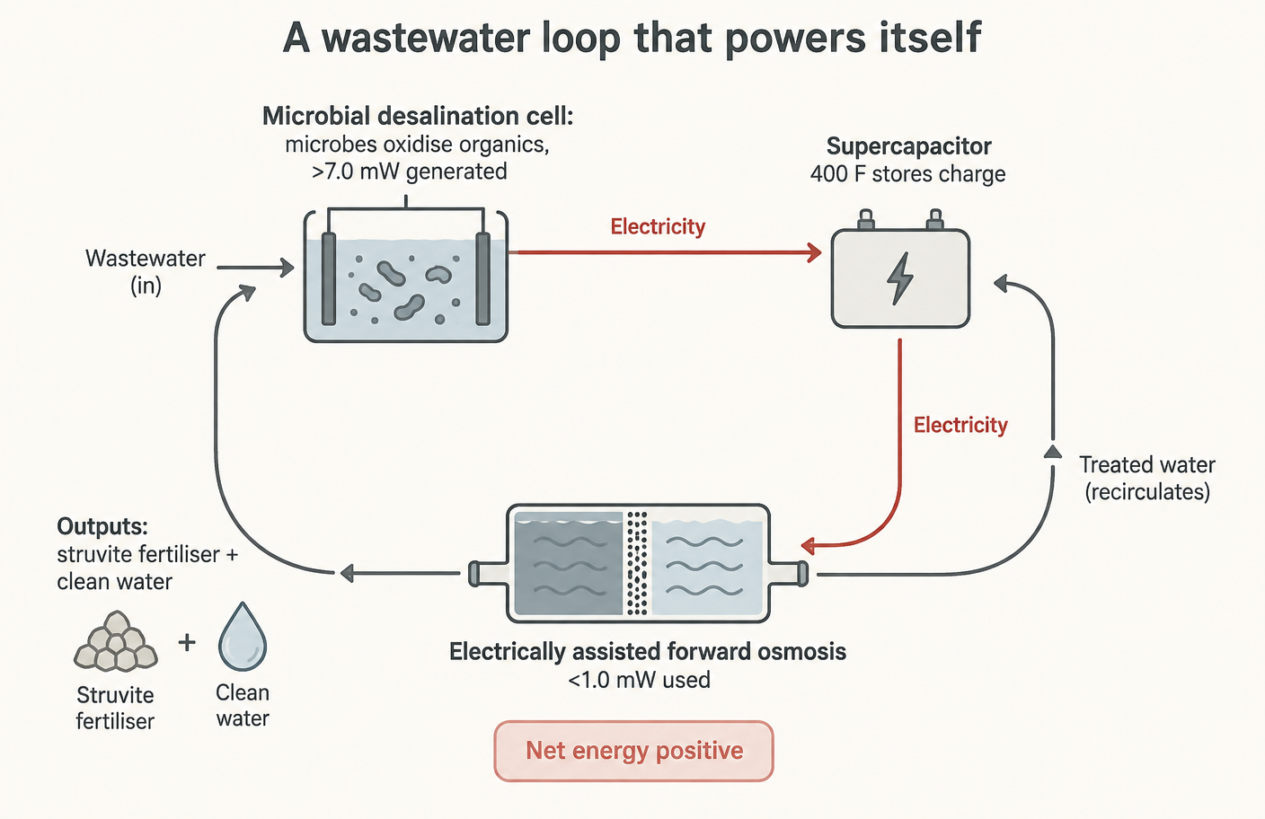 Organics in, electrons out, and the electron flow drives the separation.
