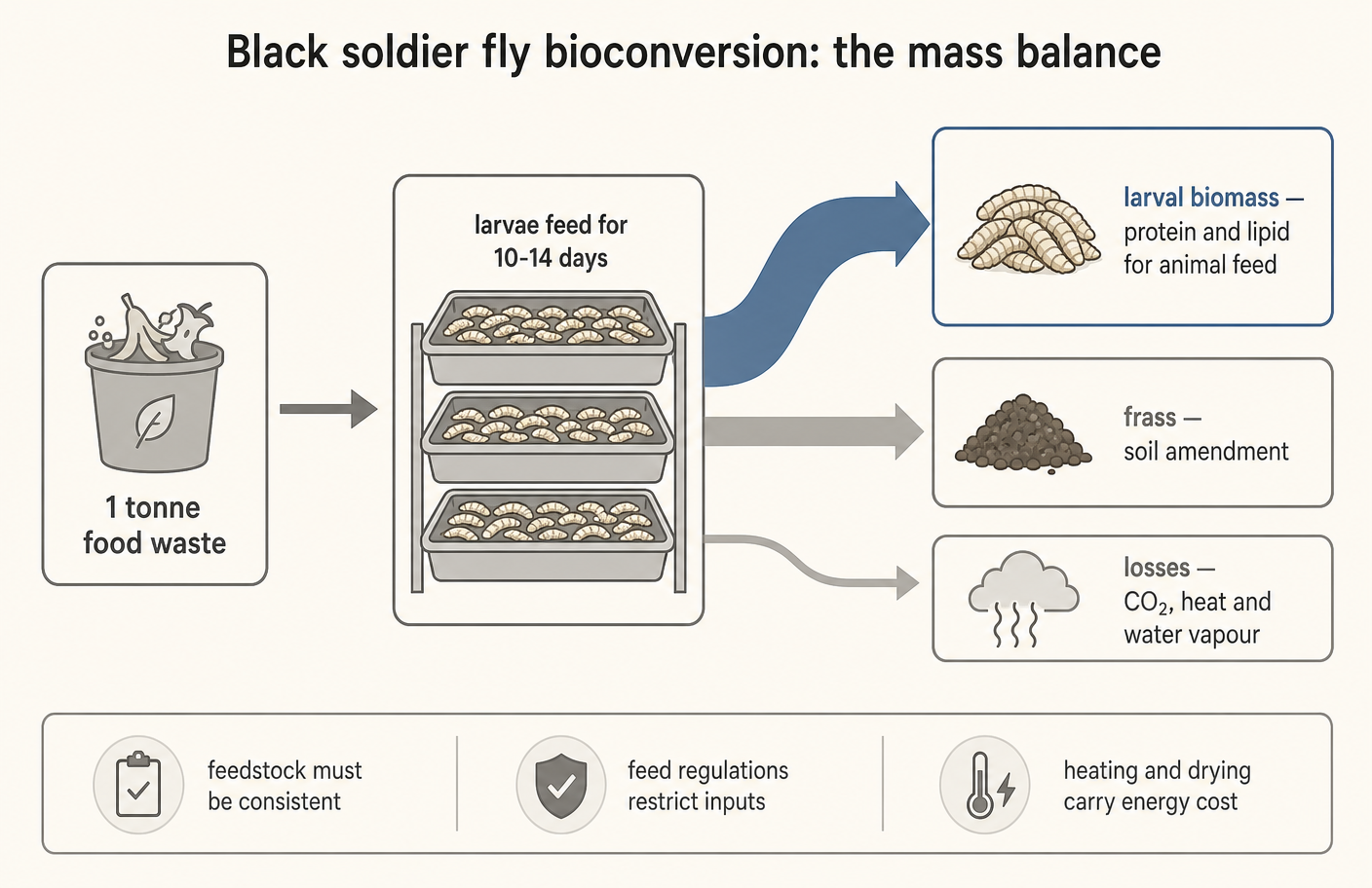 Mass flow through a bioconversion cycle: substrate, larvae, frass.