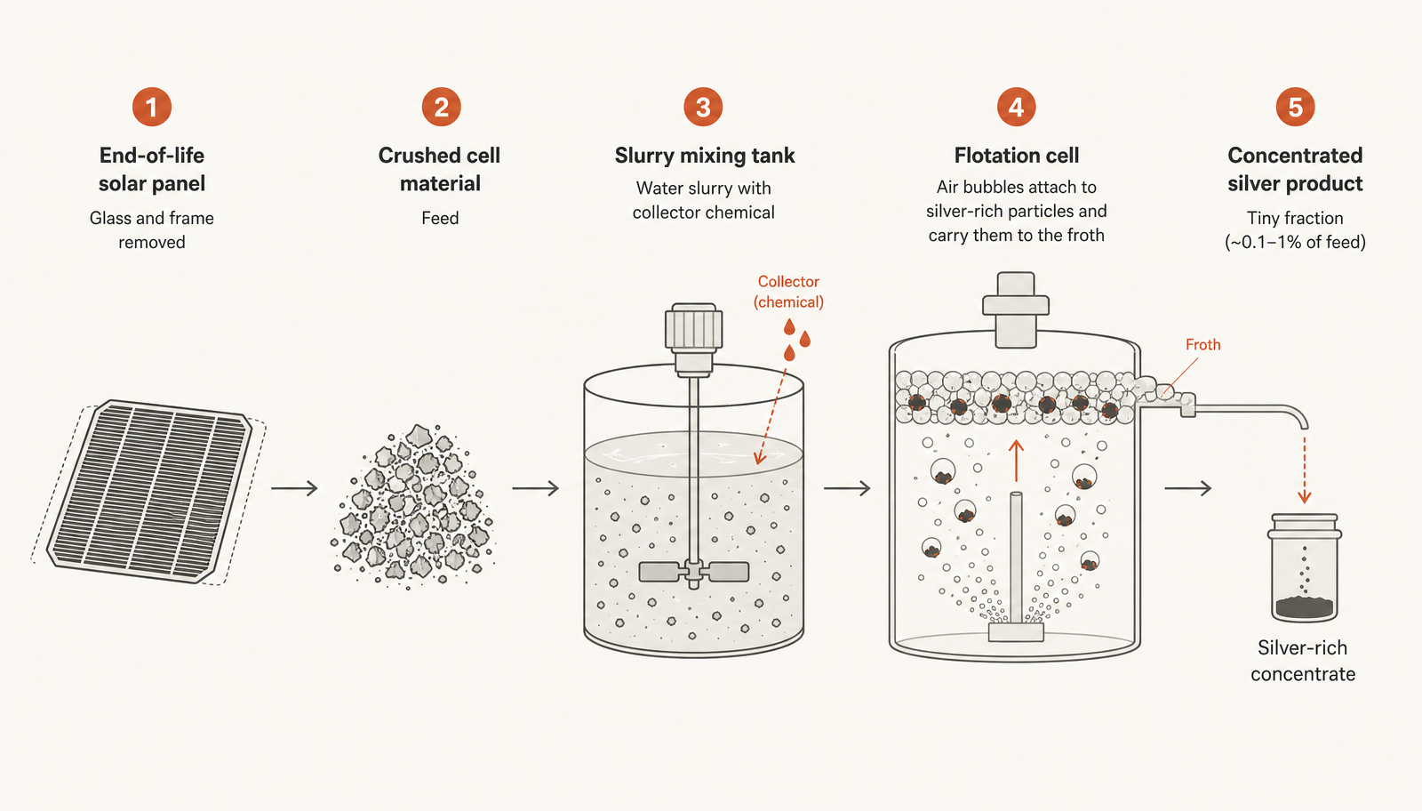The flotation route in five stages: prepared cell material becomes a slurry, collectors coat the silver-bearing particles, bubbles lift them into a froth, and the froth becomes a small concentrate.