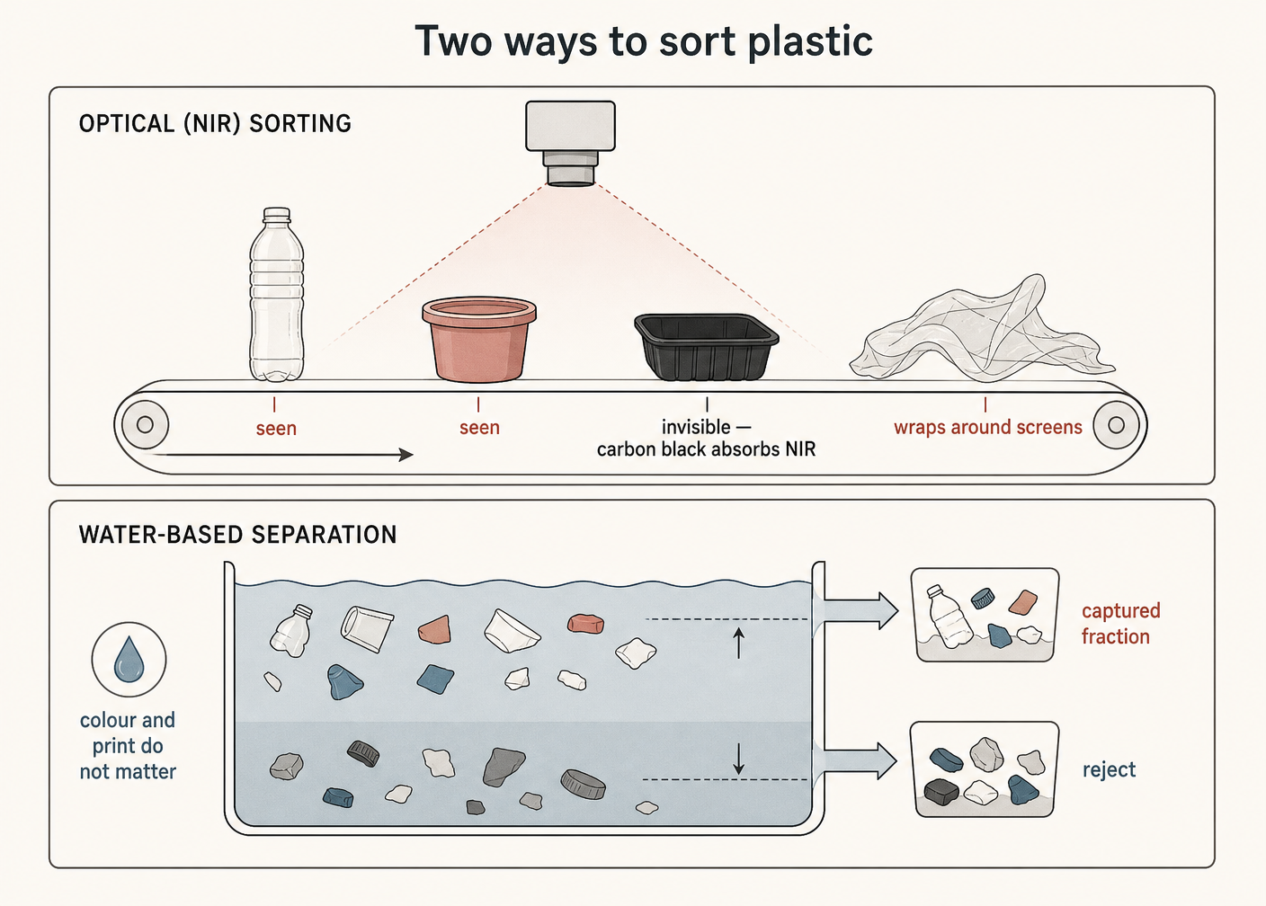 Density separation does not care what the material looks like.