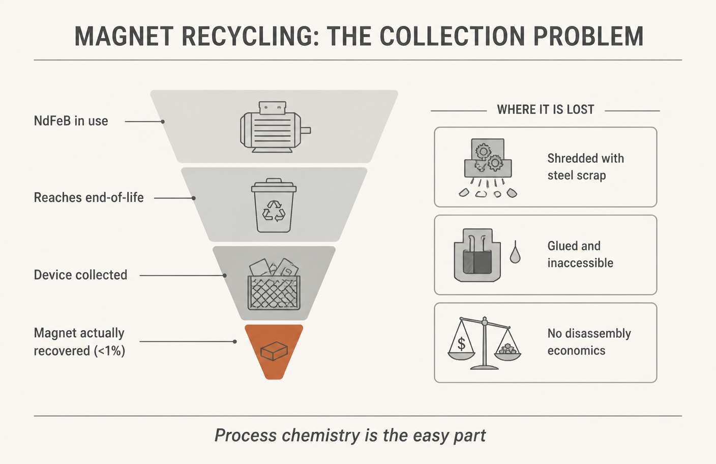 Every step of the funnel loses material, and the last step loses almost all of it.