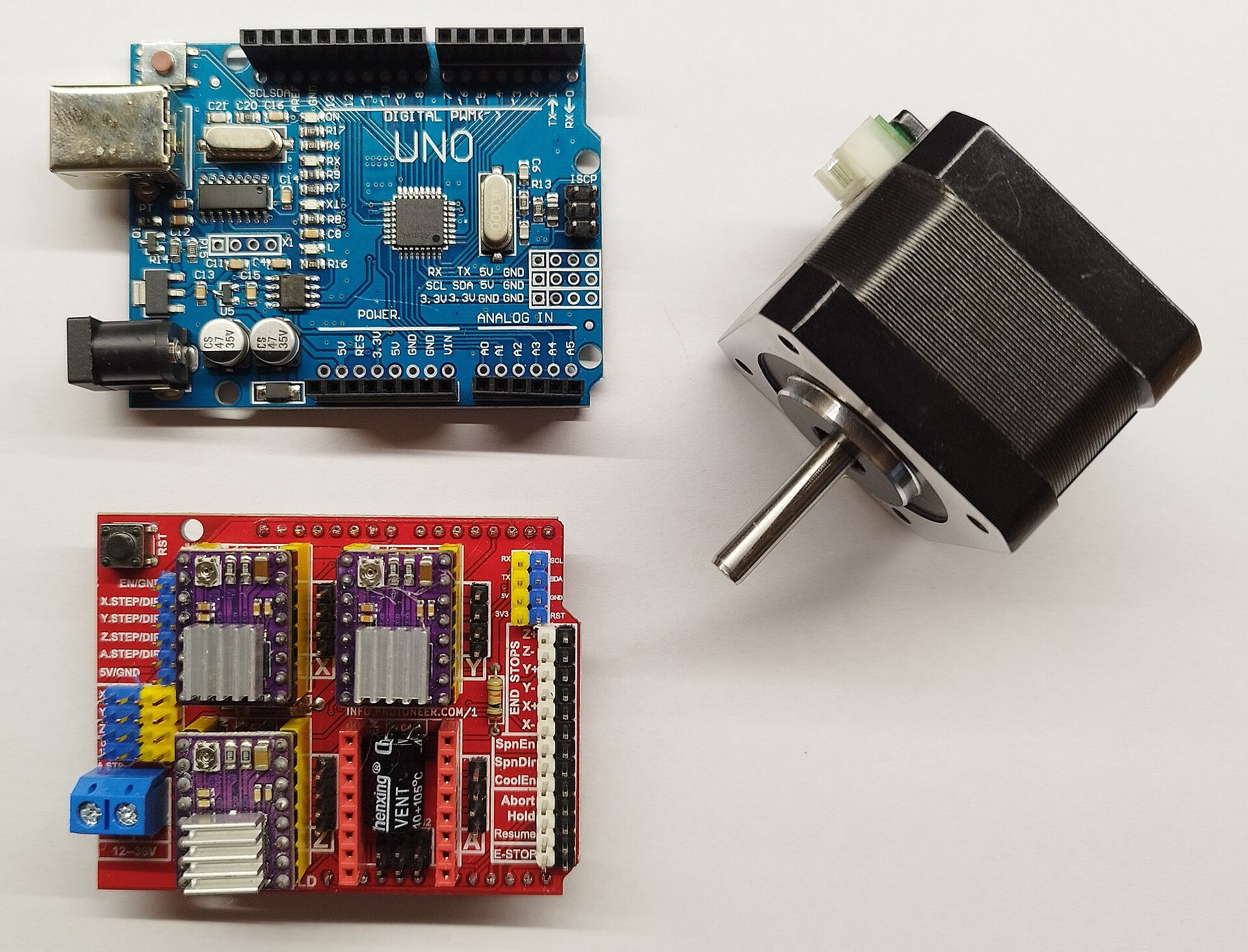 Motion control, sensing and actuation on hobby-grade hardware — appropriate for a proof of concept, not for a duty cycle measured in years.